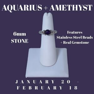 NWT Wool + Pepper Co. Zodiac + Gemstone - Aquarius + Amethyst Ring (Silver) 6mm
